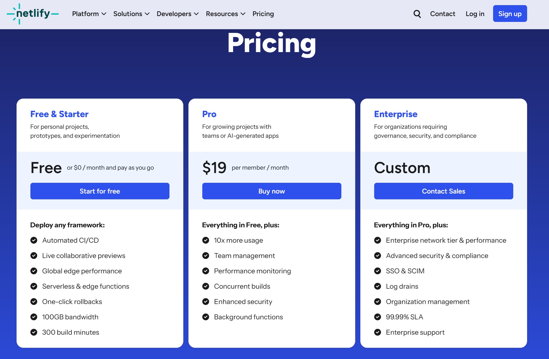 Netlify价格计划图