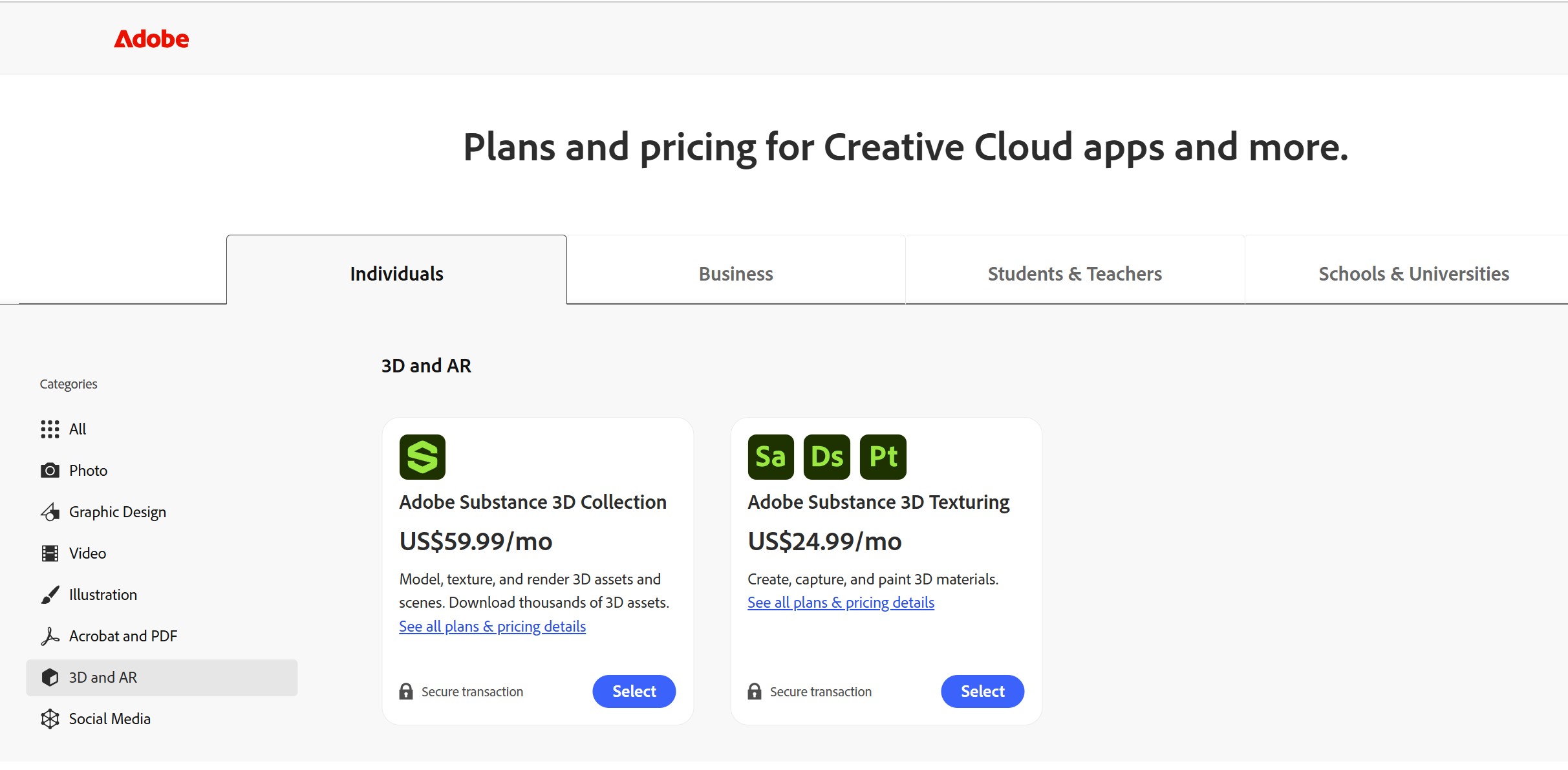 Adobe Dimension价格方案对比图