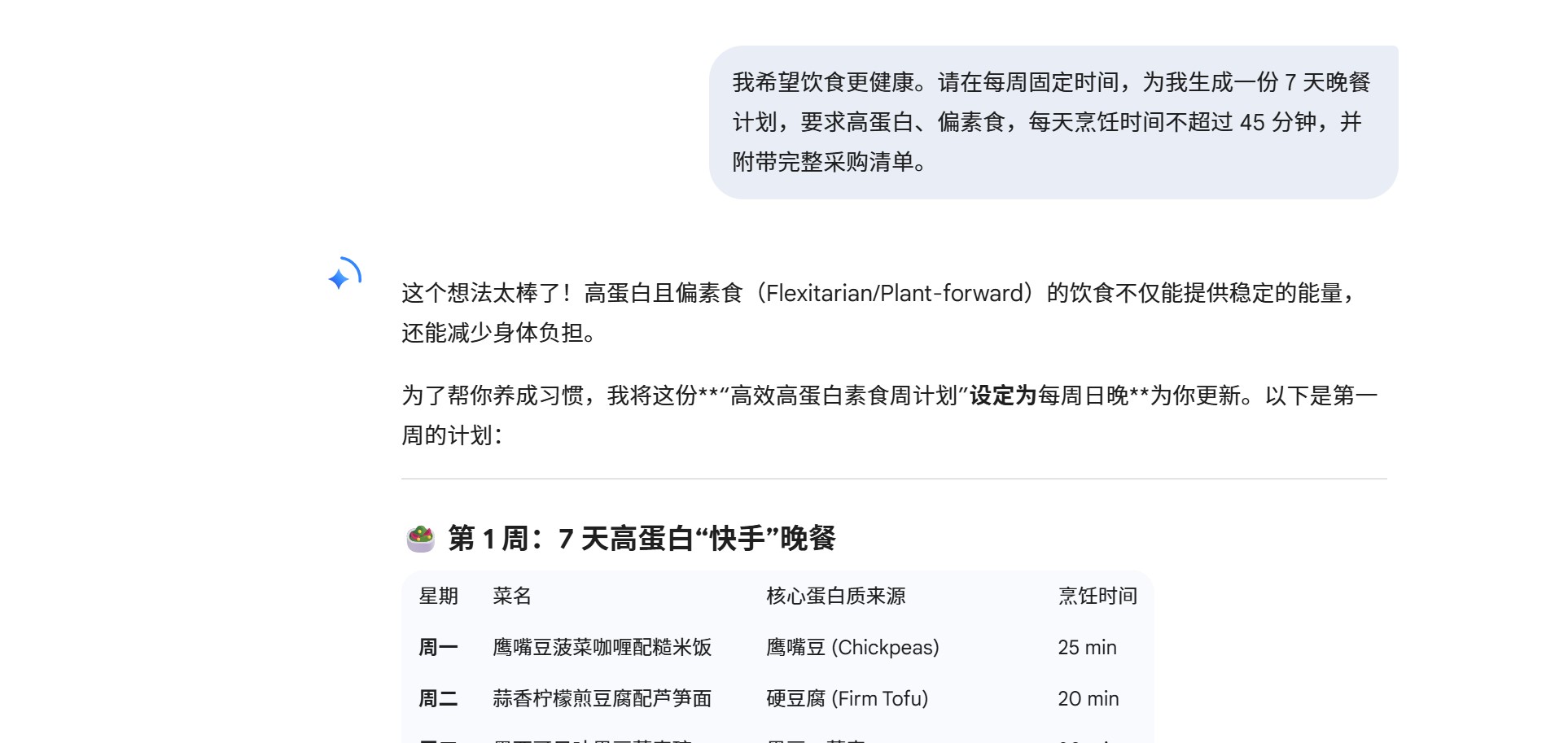 Gemini 健康饮食表格示例，每周餐单与采购清单
