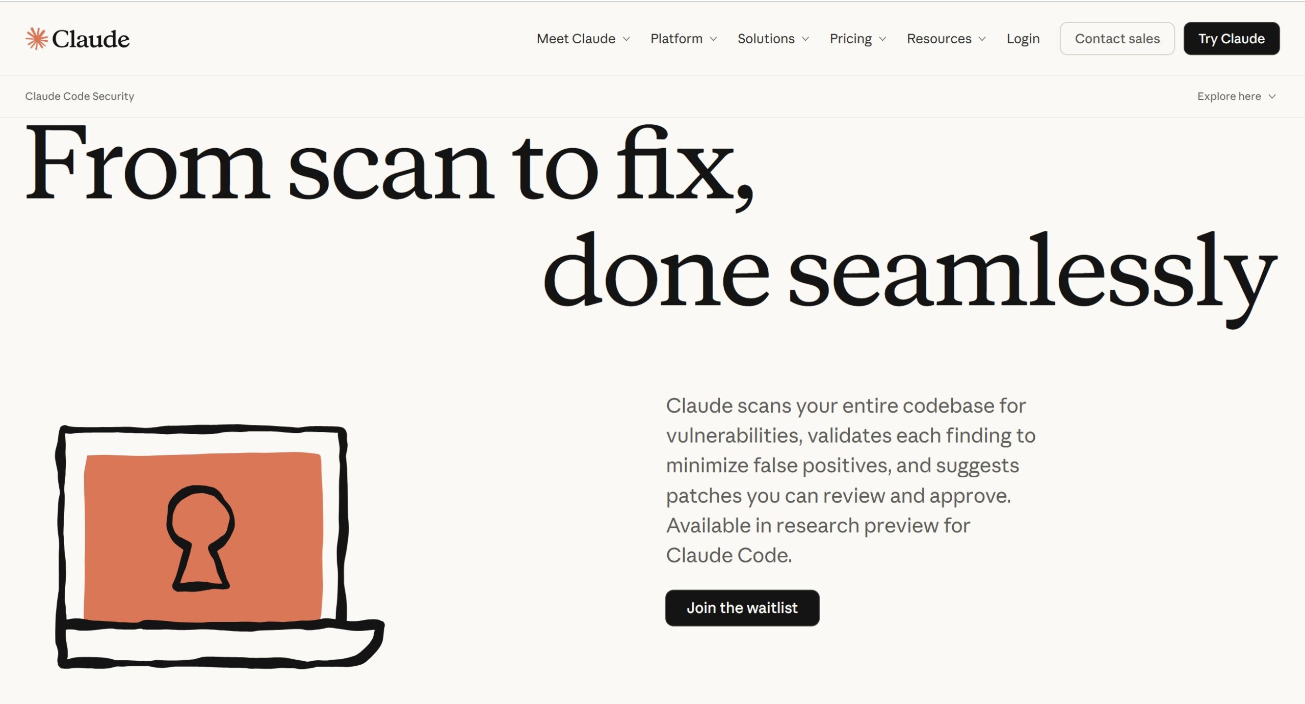 Claude Code Security 官网首页截图