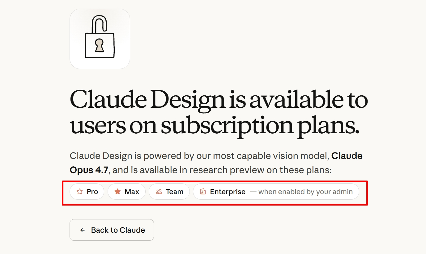 Claude Design订阅方案与可用版本说明截图(Pro、Max、Team、Enterprise计划)