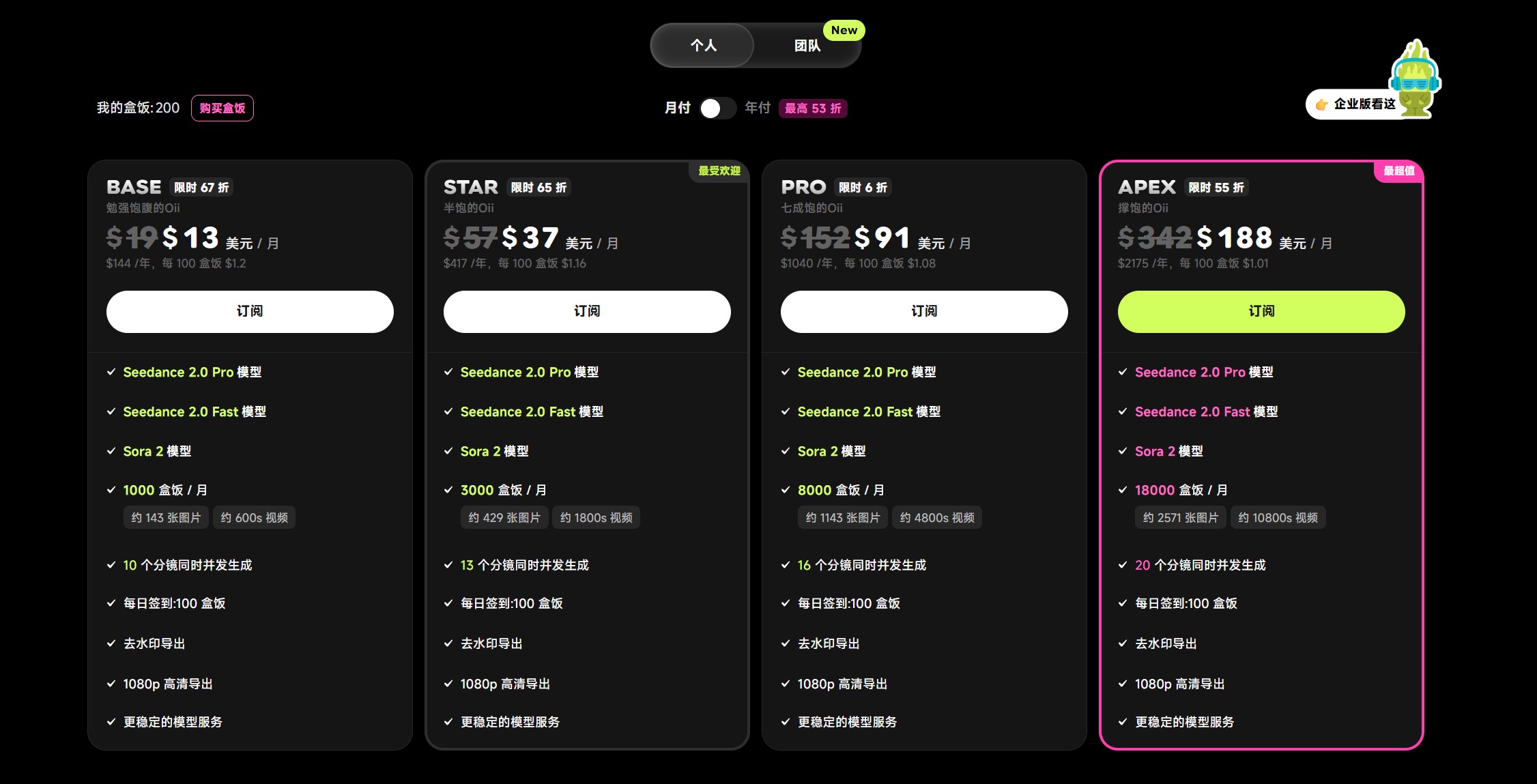 OiiOii 价格套餐方案截图