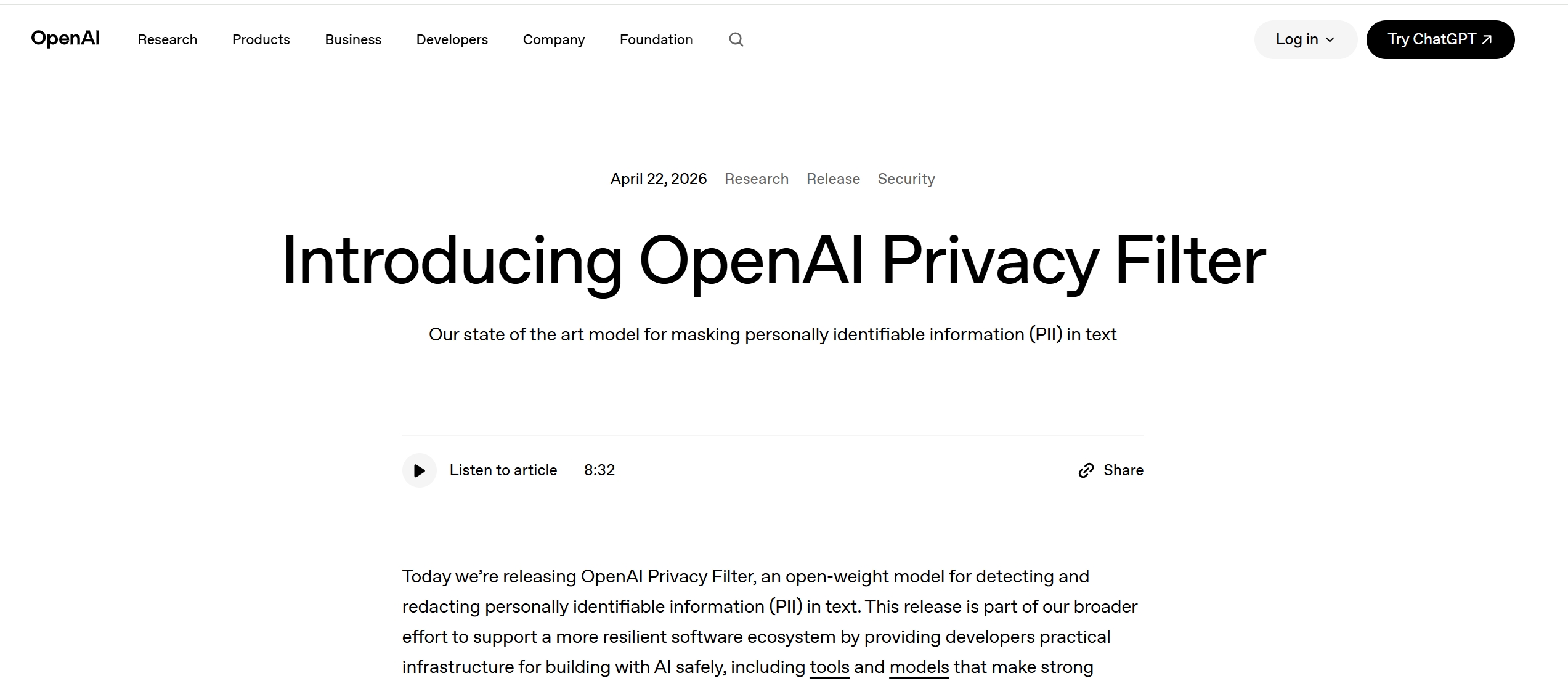 OpenAI Privacy Filter – OpenAI发布的PII隐私检测与数据脱敏模型