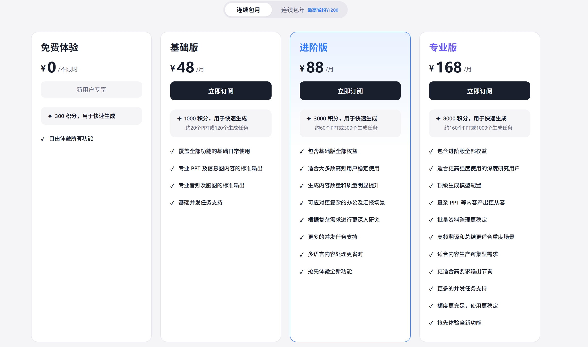 有道宝库价格套餐界面截图,展示积分与订阅付费方案