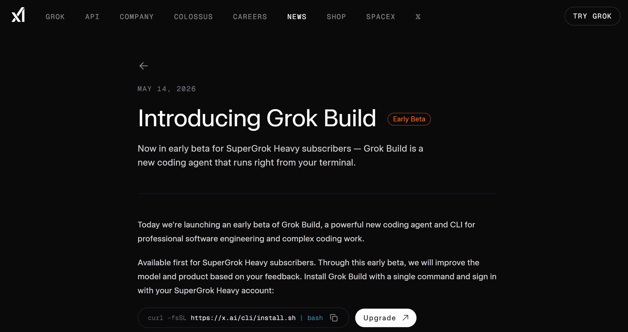 Grok Build 官网首页截图
