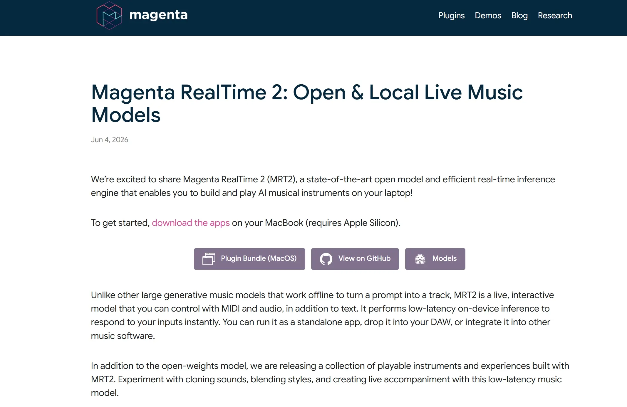Magenta RealTime 2 – Google Magenta推出的实时音乐生成与AI乐器模型