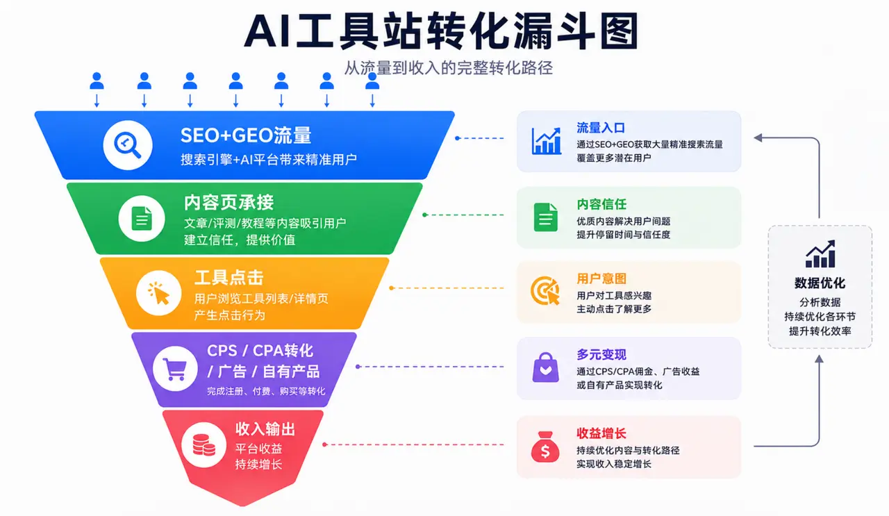 AI工具站SEO与GEO流量转化漏斗图，从搜索流量到CPS、CPA、广告及自有产品变现路径