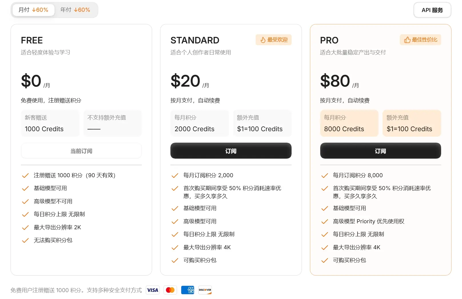 Miora价格套餐方案页面