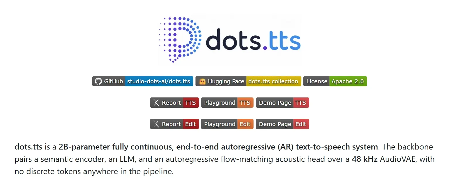 dots.tts – 小红书开源的全连续自回归语音合成模型
