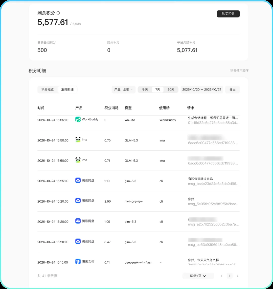 Buddy One 积分明细控制面板截图