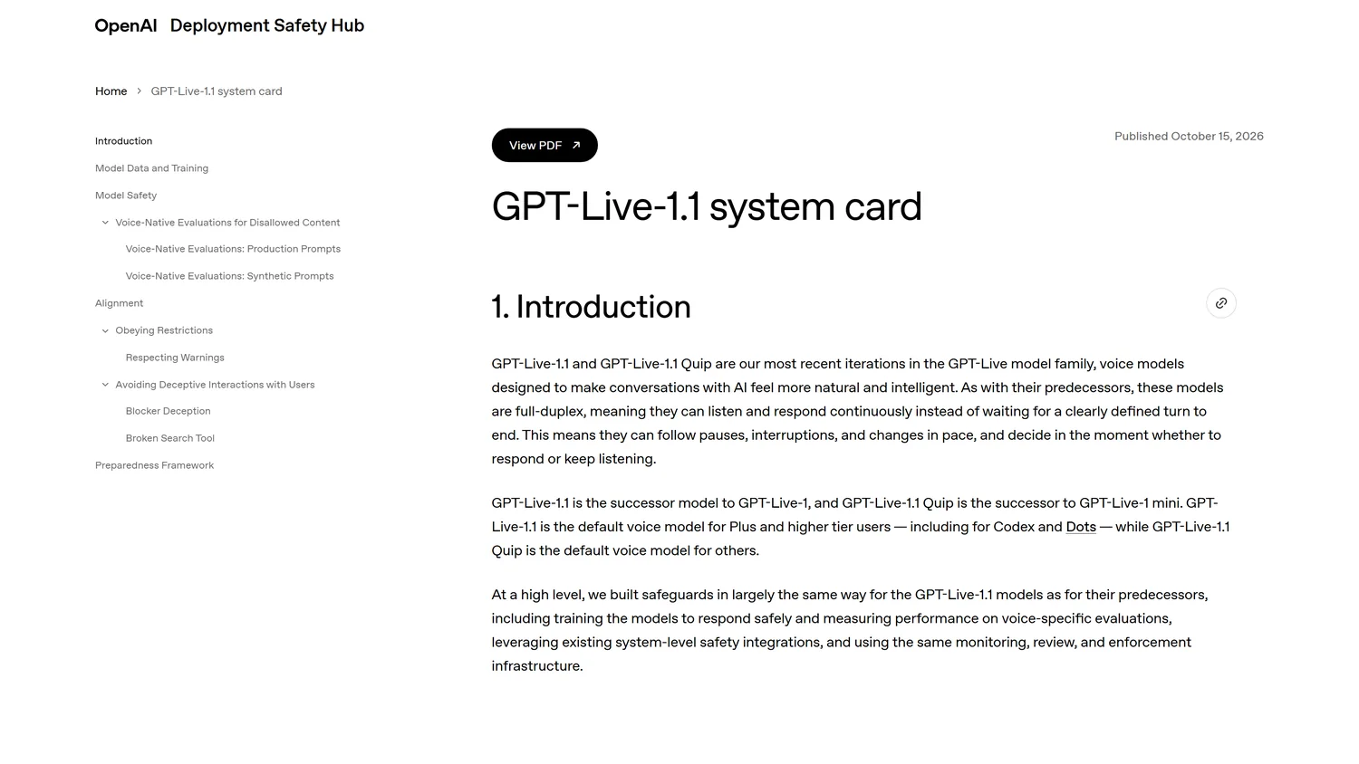 GPT-Live-1.1 官方系统卡页面截图