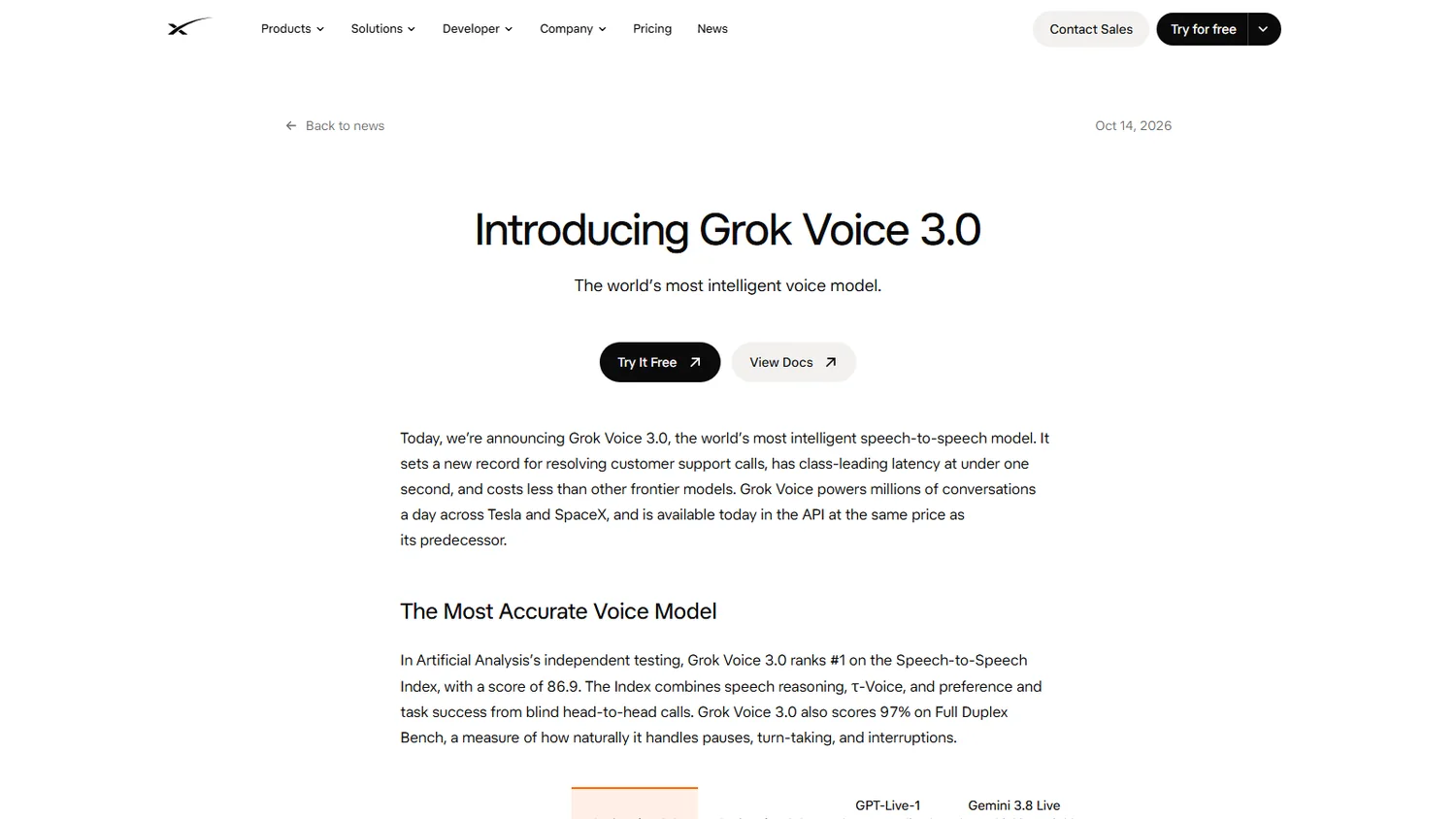 Grok Voice 3.0 官方发布页截图