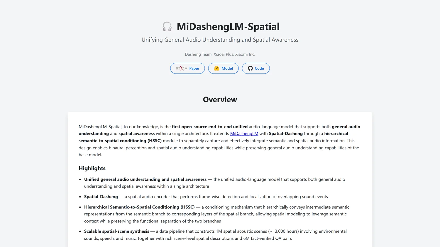 MiDashengLM-Spatial 项目主页截图