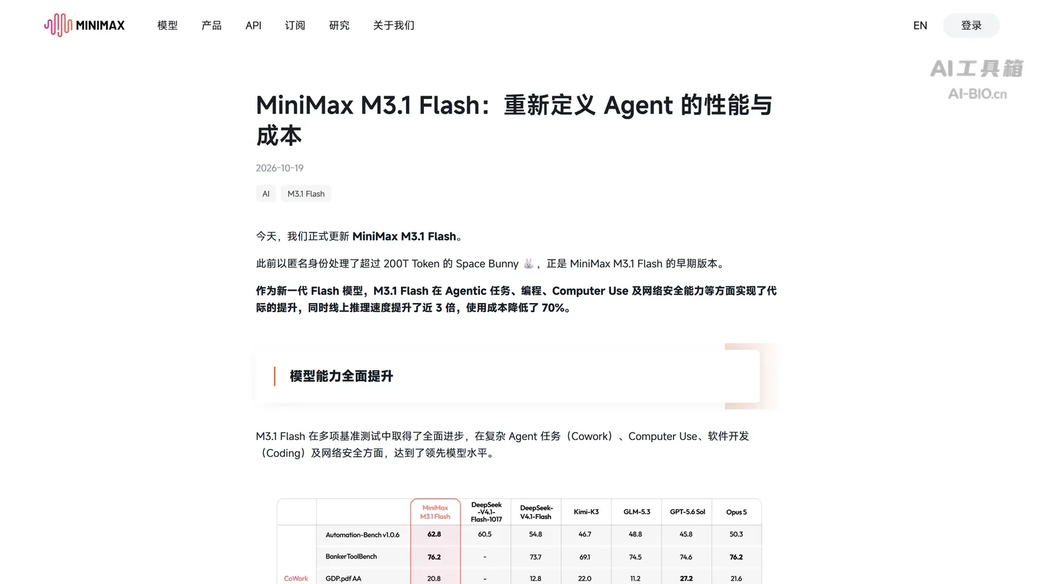 MiniMax M3.1 Flash 官方发布页截图