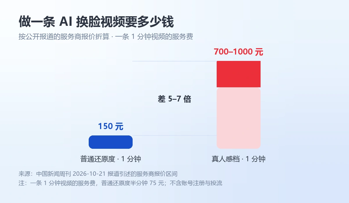 AI换脸视频报价对比：普通还原度150元、真人感档700到1000元
