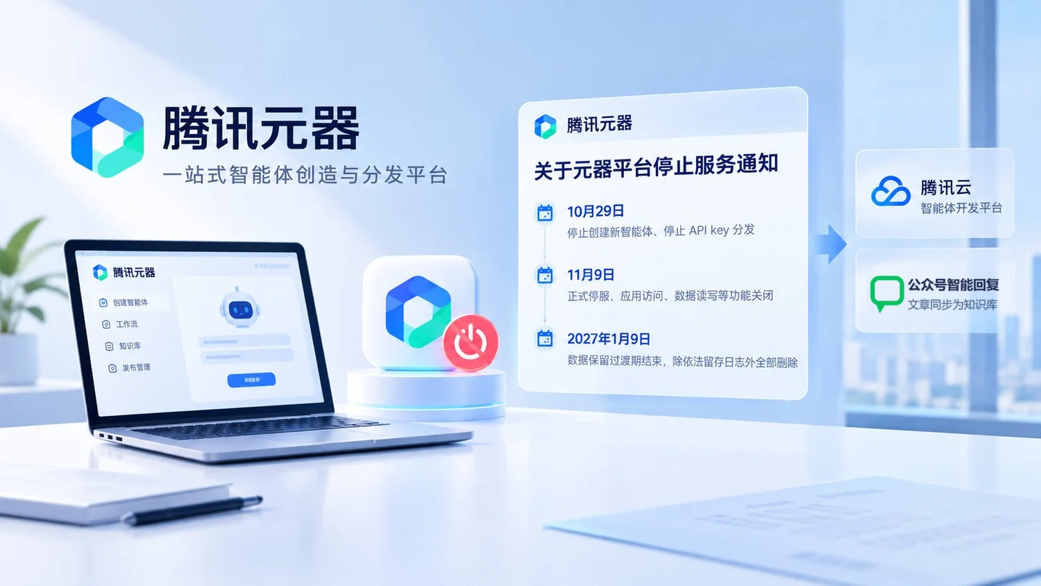 腾讯元器平台停服要点图：10月29日停止创建、11月9日停服、2027年1月9日删除用户数据